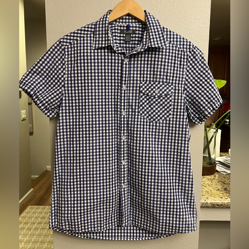Kenneth Cole Reaction Men’s Navy & White Gingham Short-Sleeve Shirt